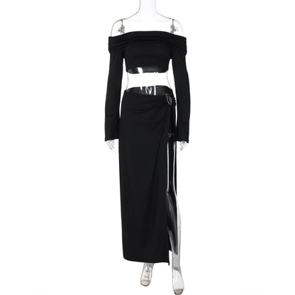 One-shoulder long-sleeved wrap-around sexy high-slit skirt two-piece suit