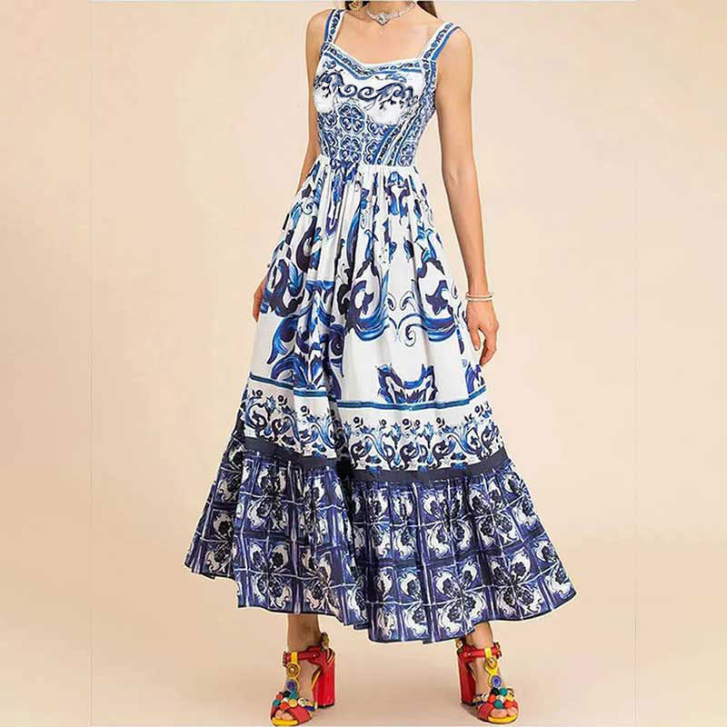 Elegant mid-length large-swing printed halter dress