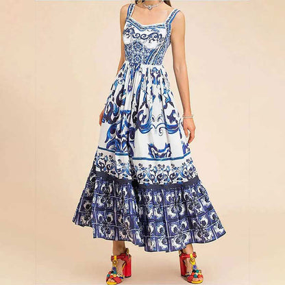 Elegant mid-length large-swing printed halter dress
