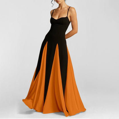 Women's fashion temperament halter color collision loose swing vacation waist dress