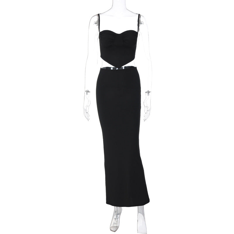 Solid color suspender wrap chest fashionable hip long skirt suit