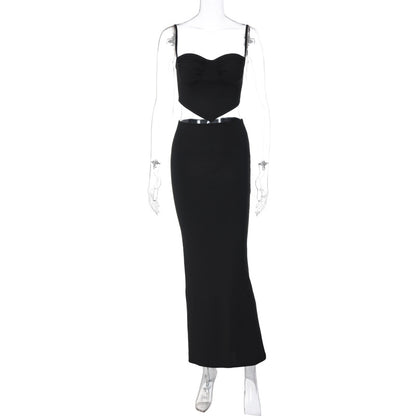 Solid color suspender wrap chest fashionable hip long skirt suit