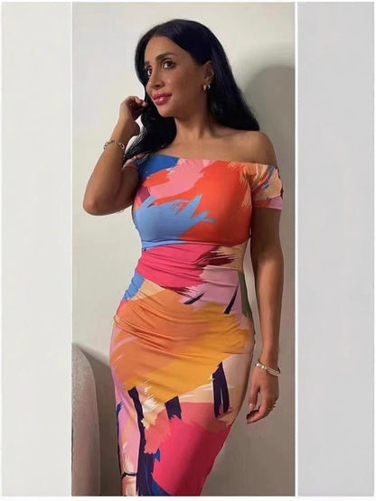 One-piece collar strapless Slim thin package hip printed minstrel short-sleeved dress women's clothing