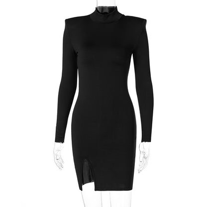 Long sleeve high collar slit dress
