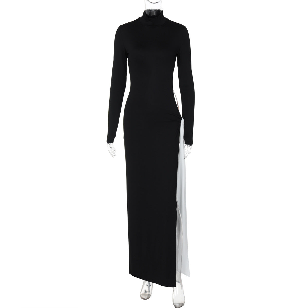 High collar, long sleeves, sexy slit, contrasting color ribbon fashion dress