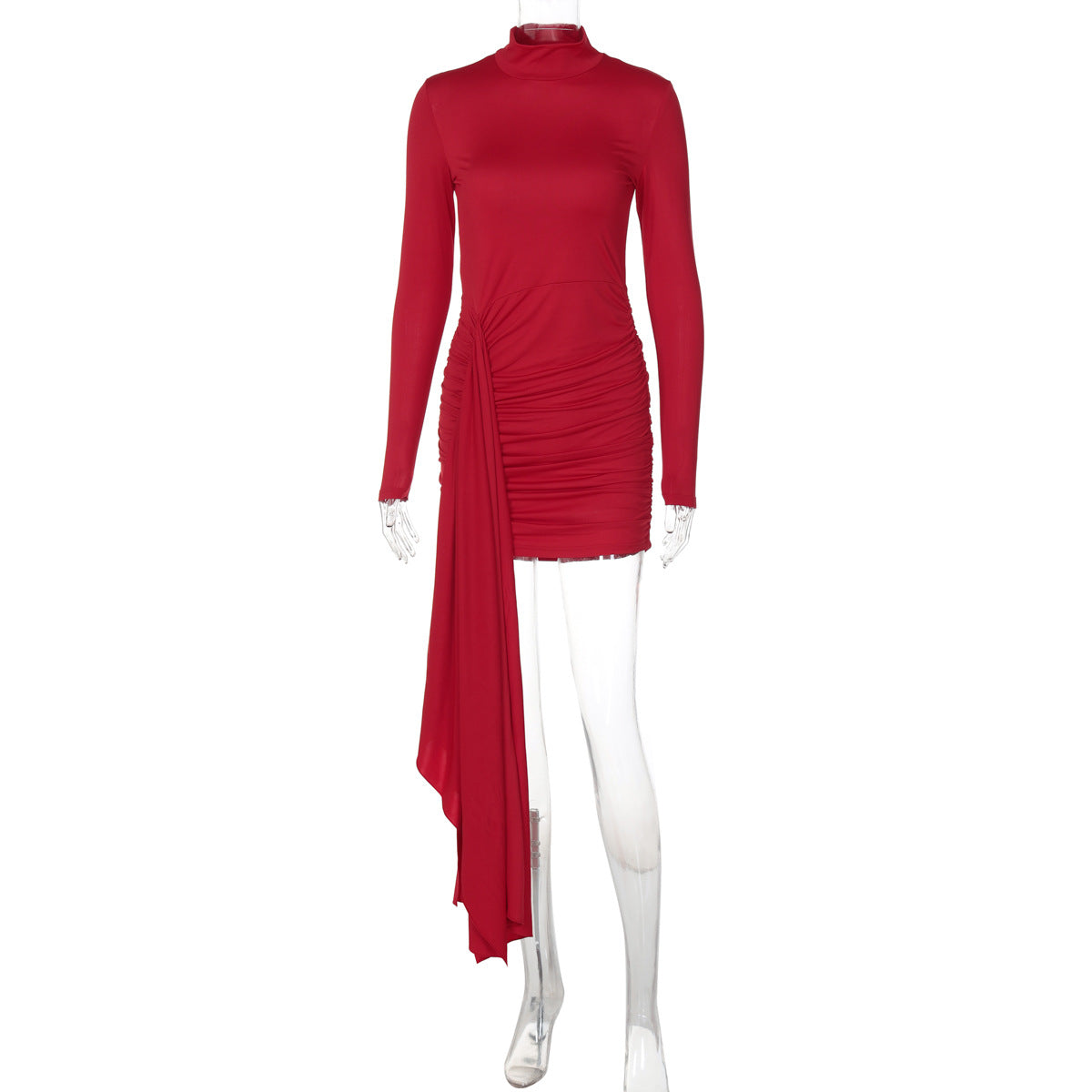 Solid color long sleeve fashionable ribbon pleated slim fit hip dress