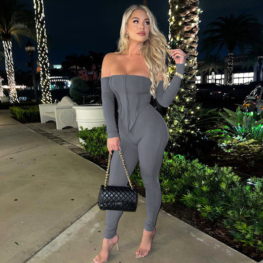 Sexy off-the-shoulder long-sleeved trousers two-piece suit