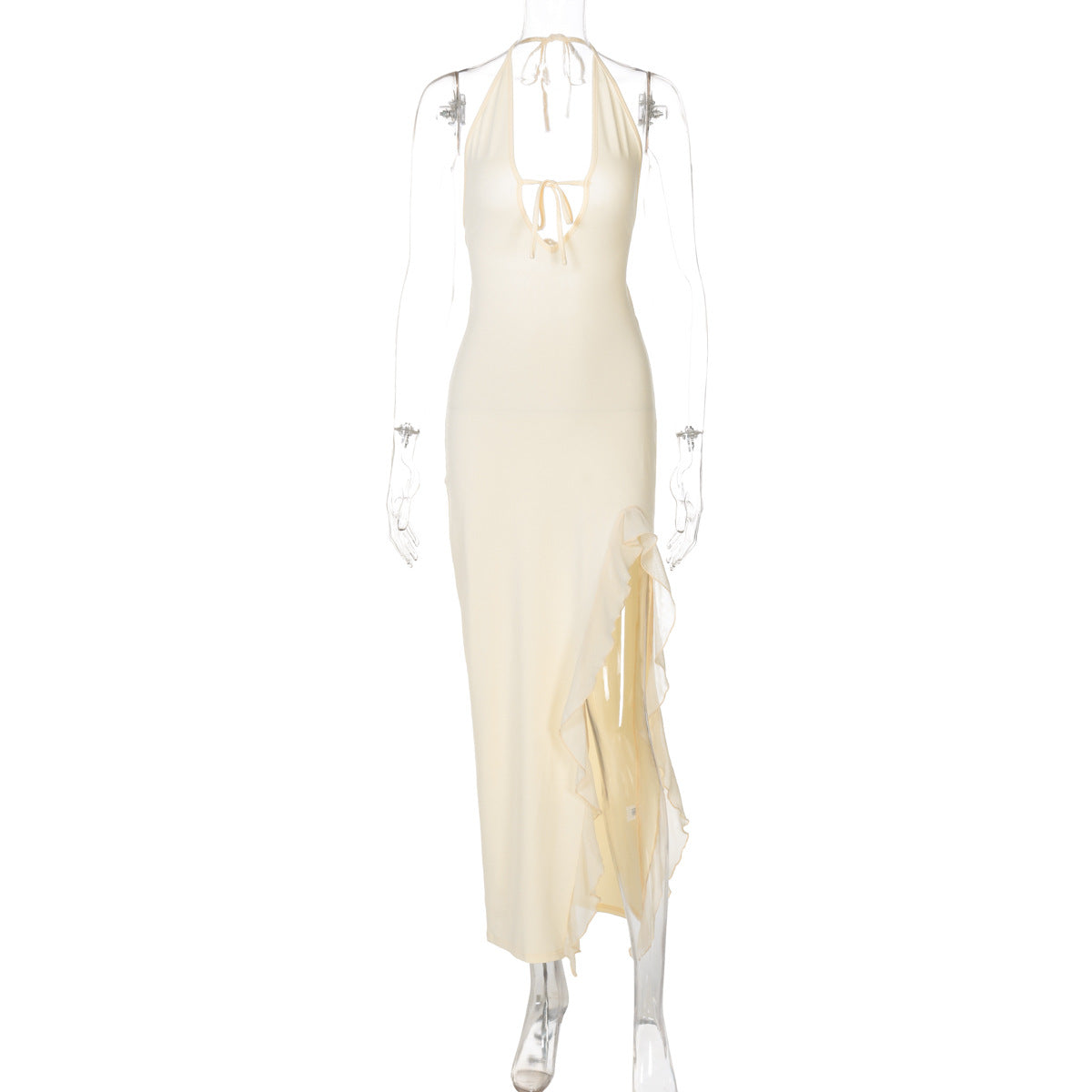 Fashionable sexy V-neck halter dress with ruffles
