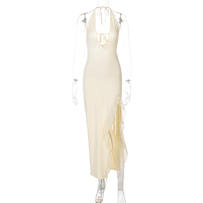 Fashionable sexy V-neck halter dress with ruffles