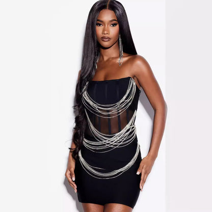 One-shoulder sister breast-smoothing package hip short dress hot drill sexy Slim dress