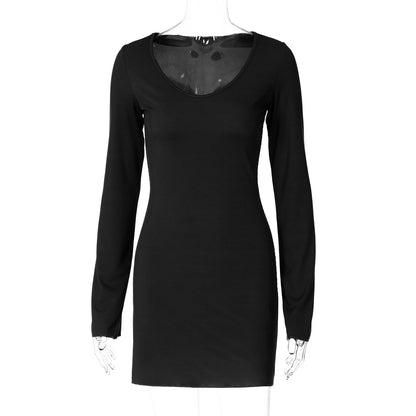 Solid color ribbed fashionable long sleeve waist dress
