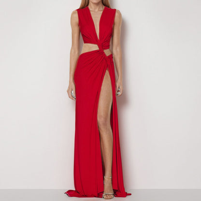 Fashion Skeleton Knot Slit V-Neck Sleeveless Pleated Irregular Dress