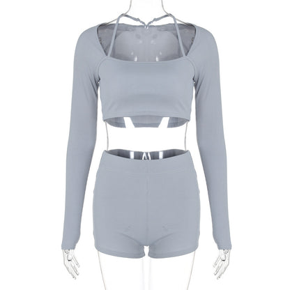 Knitted ribbed high elastic back sports fitness two-piece suit