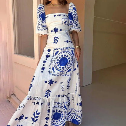 Women's fashion one-piece collar printed bubble short-sleeved oversized swing dress female