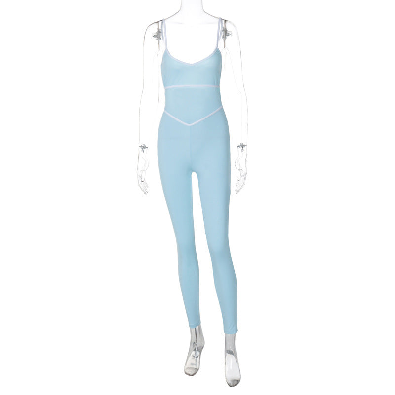Contrast color stitching suspender back slim jumpsuit