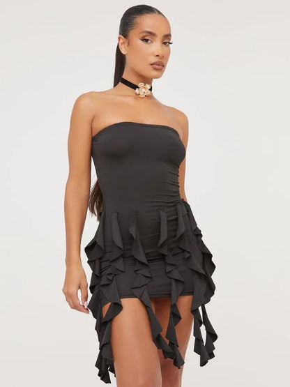 New fluttering strap breastplain sexy backless package hip ruffle dress women's clothing
