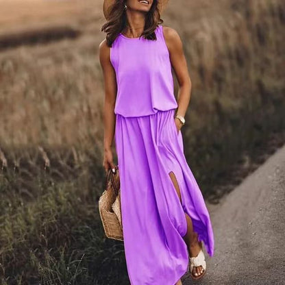 New Vacation Style Solid Color Round Collar Sleeveless Sling Lantern Split Dress Long Skirt