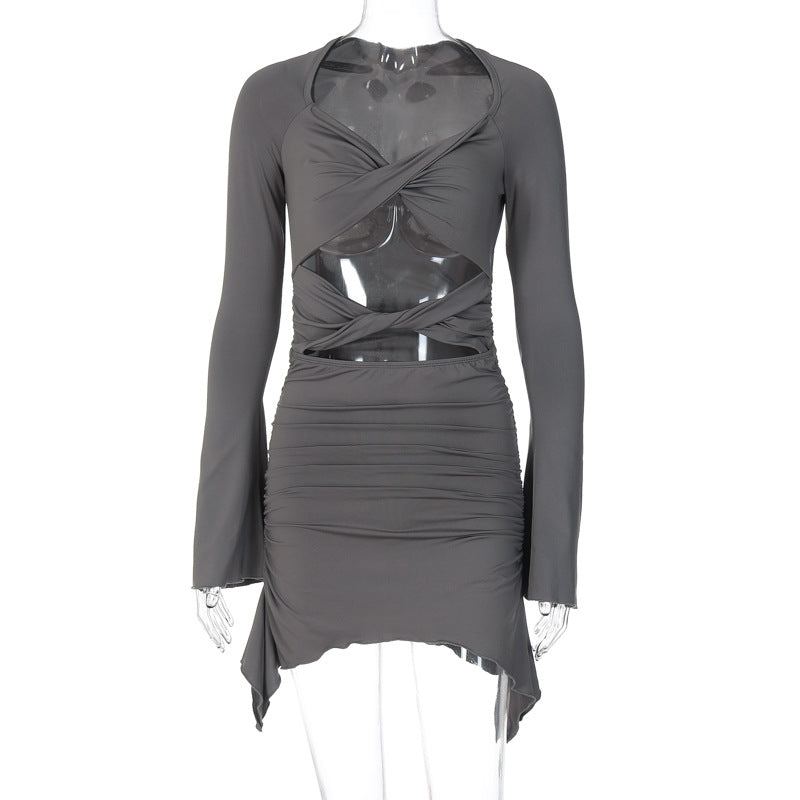 Long-sleeved wavy edge hollow pleated hip dress