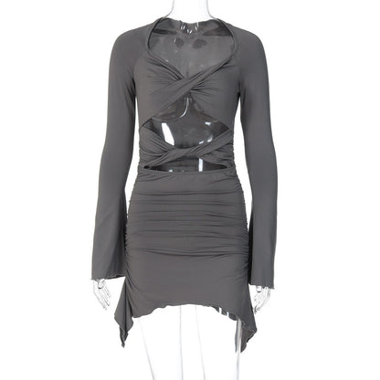 Long-sleeved wavy edge hollow pleated hip dress
