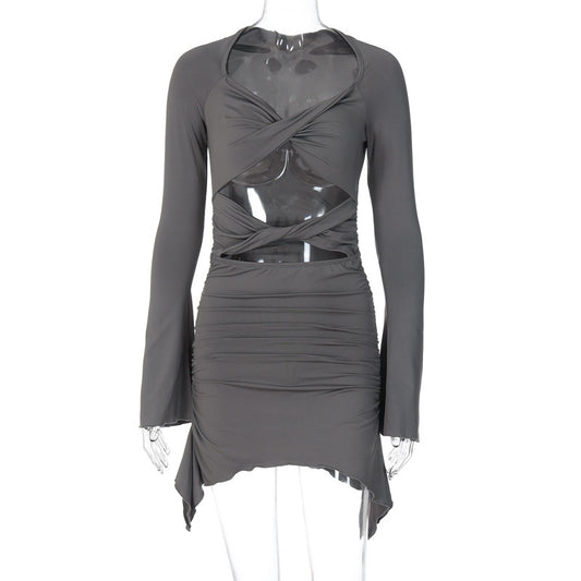 Long-sleeved wavy edge hollow pleated hip dress