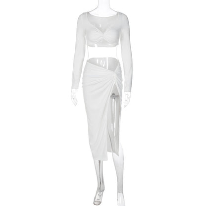 Long-sleeved V-neck sexy tight high waist slit skirt two-piece suit