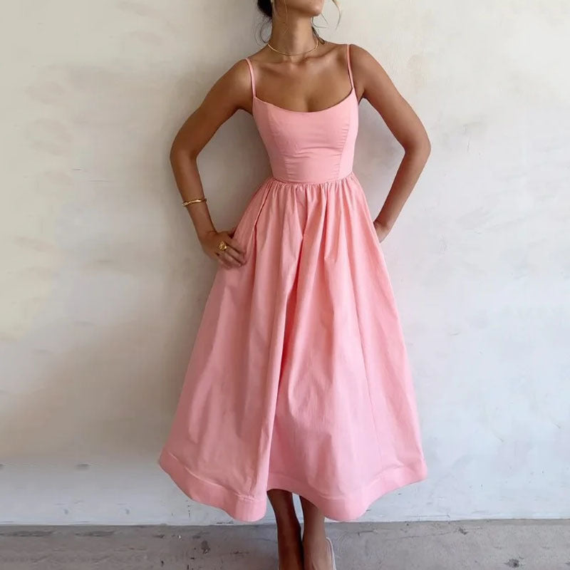 Dress Solid Color Sexy U Neck Waisted Pleated Halter Swing Dress