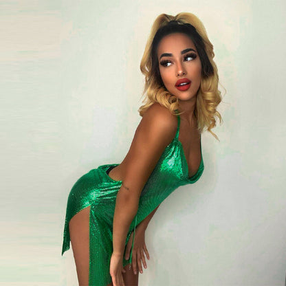 Sexy backless solid color slim fit slit dress