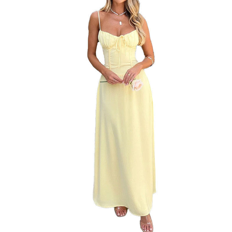 Women's New Temperament Elegant Lacing A Word Solid Color Mid-Length Dresses