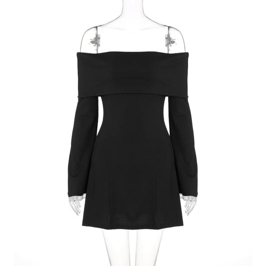 One-shoulder trumpet long-sleeved mini dress with lace trim