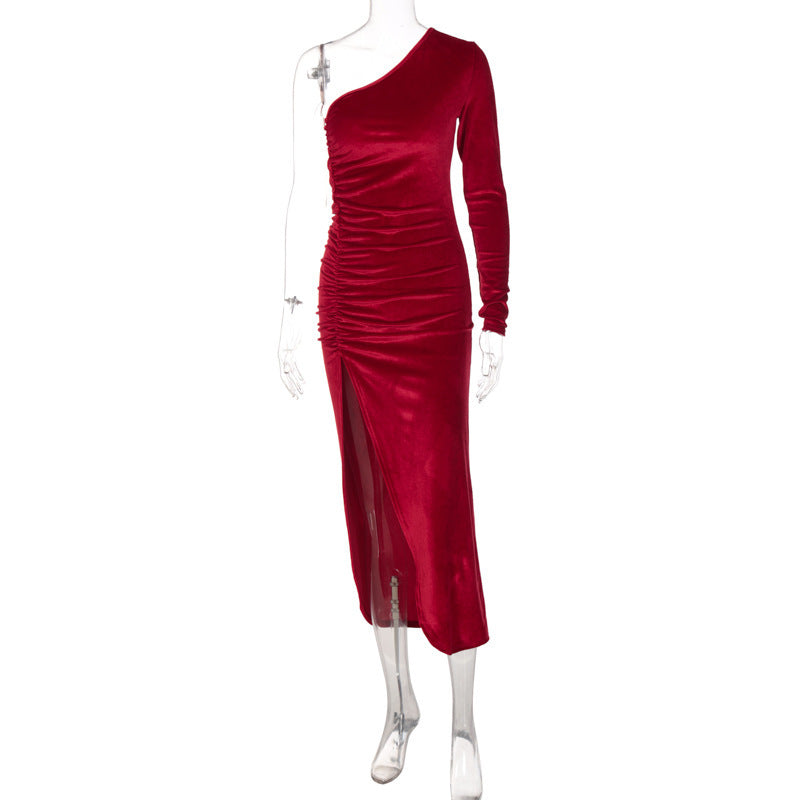 Fashion off-shoulder long-sleeved slim fit ruffled slit dress