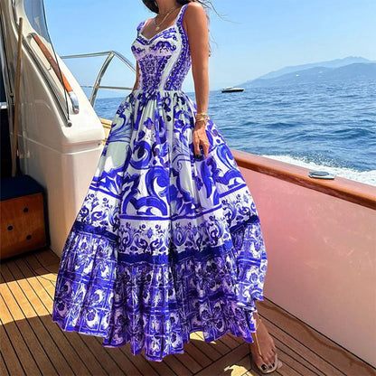 Elegant mid-length large-swing printed halter dress