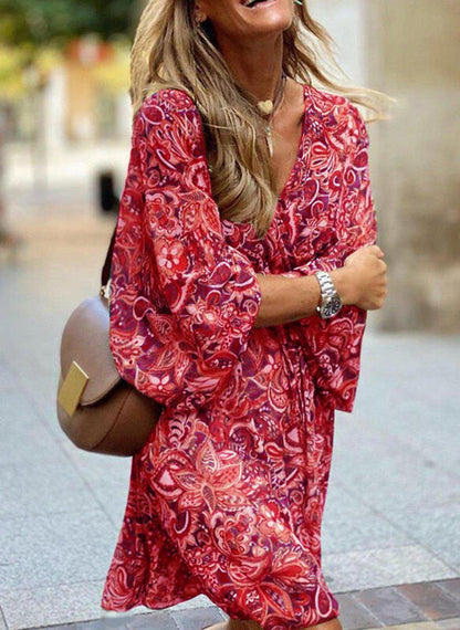 Midi Pullover Midi Dress Short Sleeve Printed Loose Dress
