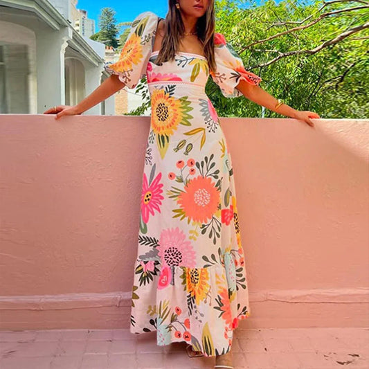 Women's fashion one-piece collar printed bubble short-sleeved oversized swing dress female