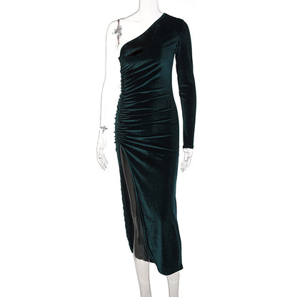 Fashion off-shoulder long-sleeved slim fit ruffled slit dress