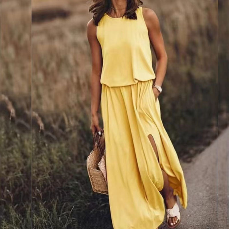New Vacation Style Solid Color Round Collar Sleeveless Sling Lantern Split Dress Long Skirt