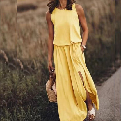 New Vacation Style Solid Color Round Collar Sleeveless Sling Lantern Split Dress Long Skirt