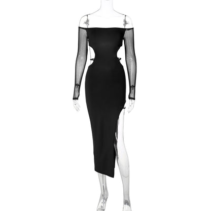Off-shoulder backless long-sleeved midi dress