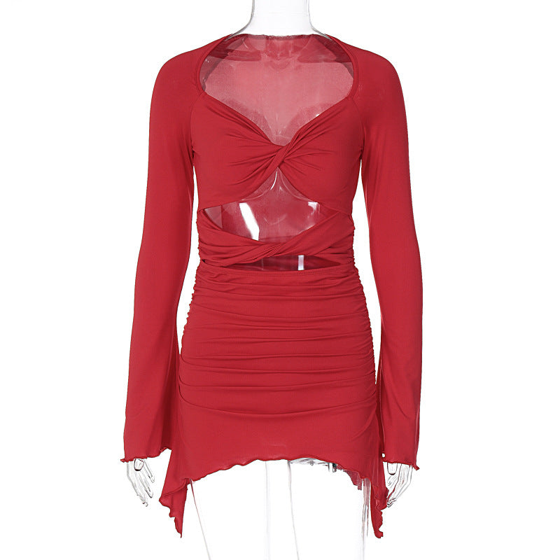 Long-sleeved wavy edge hollow pleated hip dress