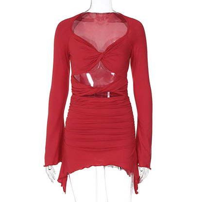 Long-sleeved wavy edge hollow pleated hip dress