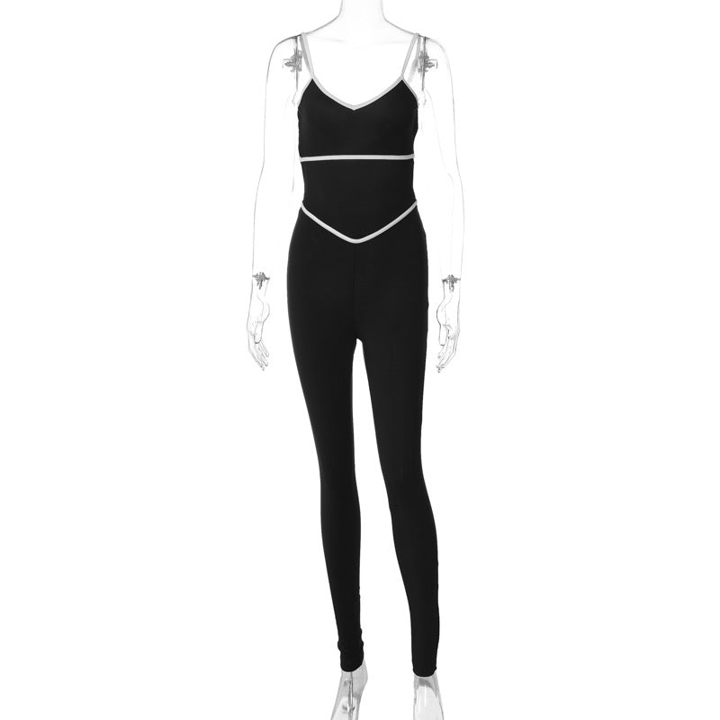 Contrast color stitching suspender back slim jumpsuit
