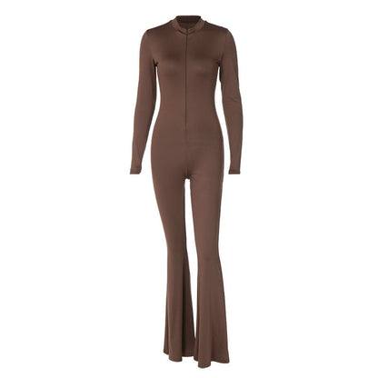 Fashion solid color tight zipper sports yoga jumpsuit