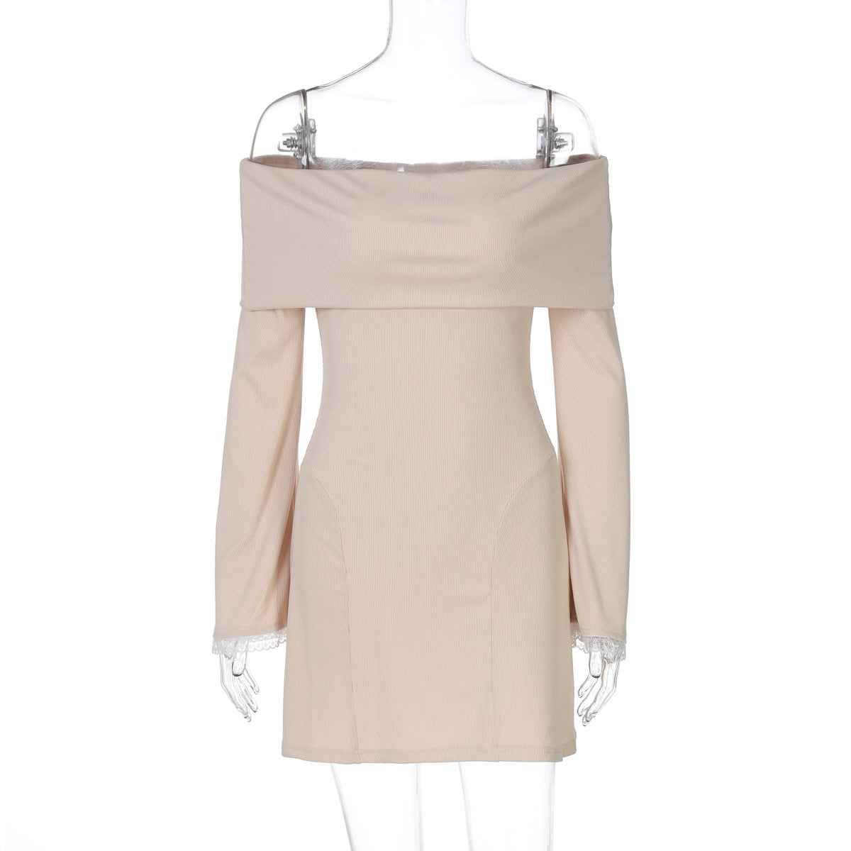 One-shoulder trumpet long-sleeved mini dress with lace trim