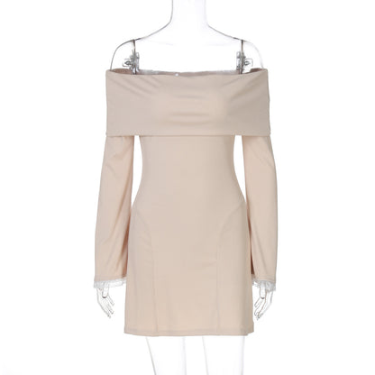 One-shoulder trumpet long-sleeved mini dress with lace trim