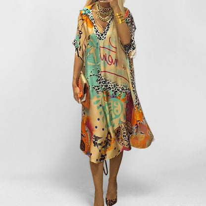 New fashionable temperament leisure leopard color printing deep V-neck five-quarter sleeve dress