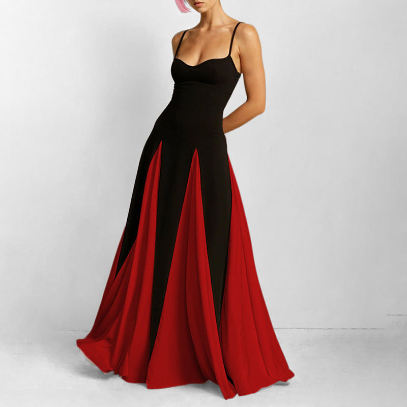 Women's fashion temperament halter color collision loose swing vacation waist dress