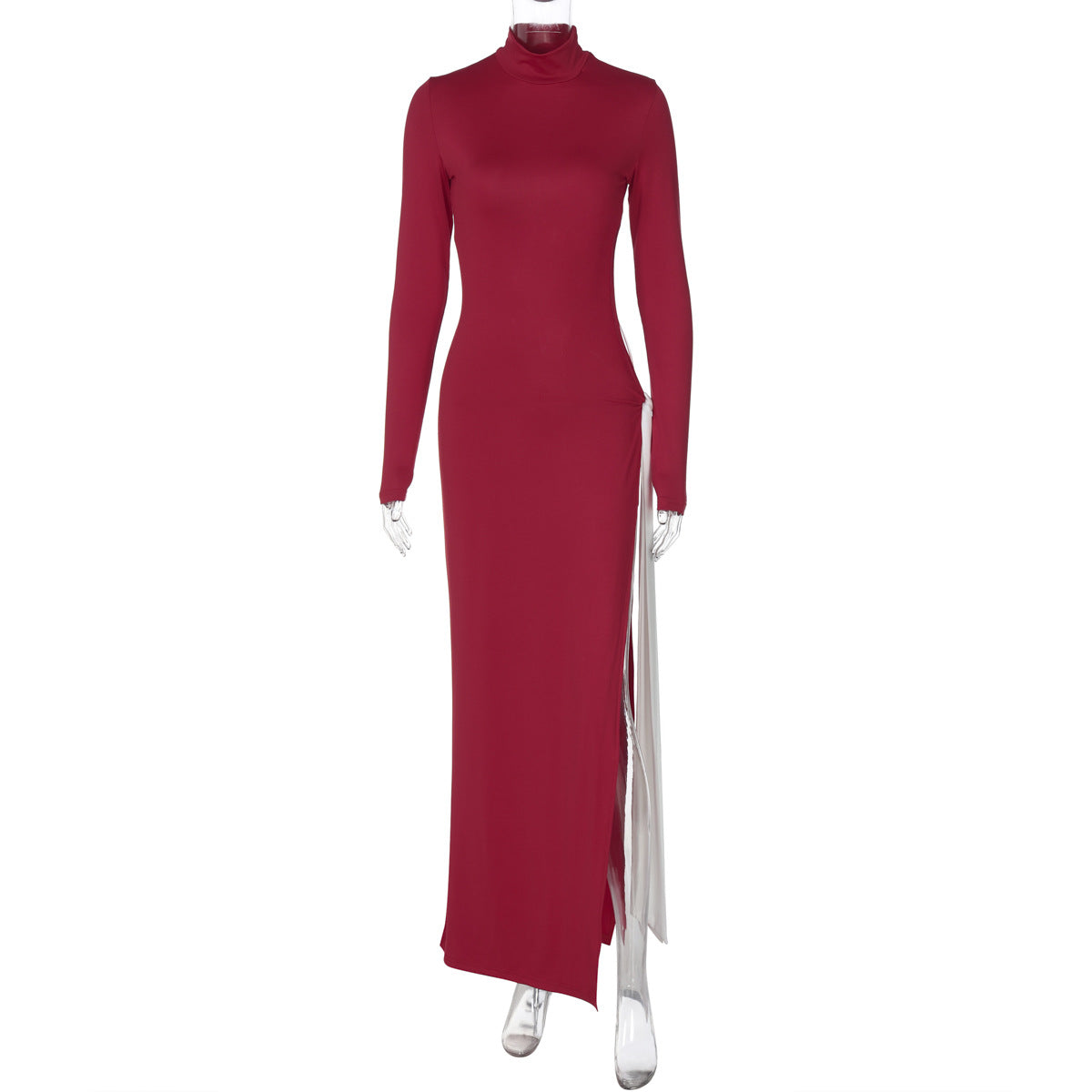 High collar, long sleeves, sexy slit, contrasting color ribbon fashion dress