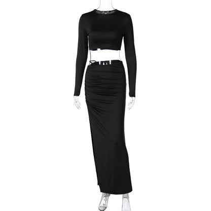 Solid color long sleeve round neck pleated slit long skirt two piece set
