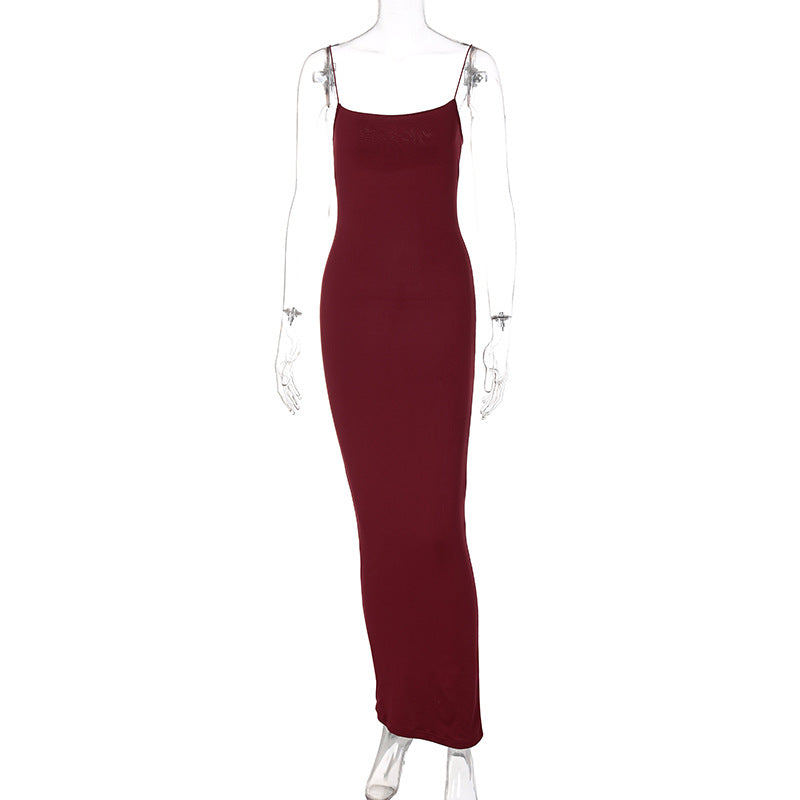 Fashionable slim fit suspender long dress