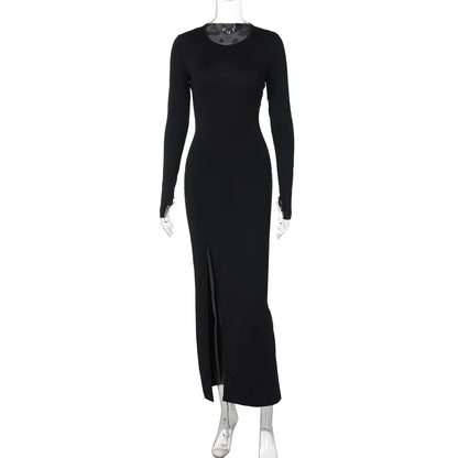 Round neck long sleeve lace-up open back slit hip dress
