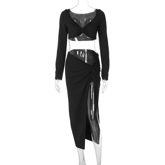 Long-sleeved V-neck sexy tight high waist slit skirt two-piece suit